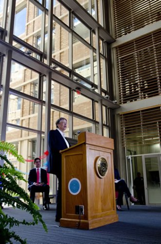 Bill Gates speaks at the ribbon-cutting ceremony. [Photo by Marsha Miller]