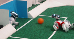 A Sony Aibo soccer-playing robot shoots for a goal