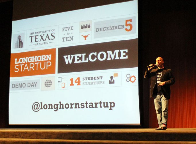 Joshua Baer, Capital Factory founder and Longhorn Startup mentor, welcomes participants to 2013 Longhorn Startup Demo Day. [Photo courtesy of the Center for Lifelong Engineering Education]